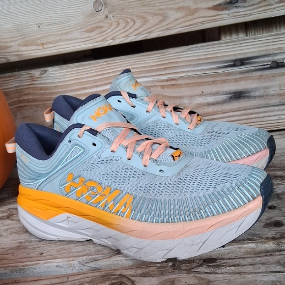 Hoka Bondi 7 Women's Blue and Orange Athletic Shoes - Picture 10 of 15